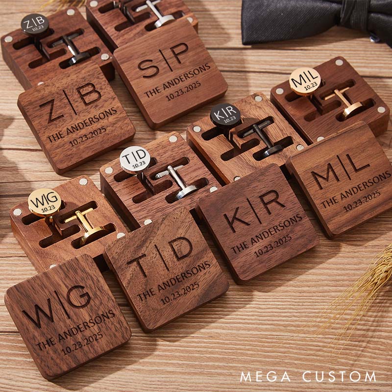 Personalized Wooden Cufflink Box Set Custom Wedding Party Gifts for Groom Groomsmen Engraved Cufflinks Box with Cufflinks Groomsmen Bachelor Gift