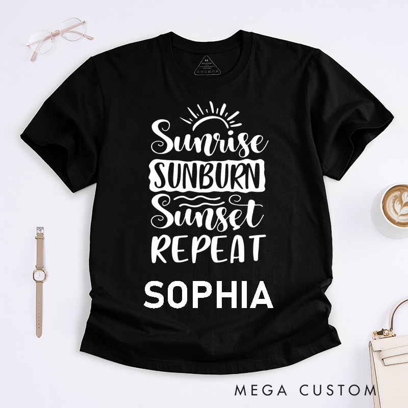 Personalized Sunrise Sunset Repeat Custom Name Unisex Classic T-Shirts Summer Gift for Music Lovers Friends Family Unique Personalized Present