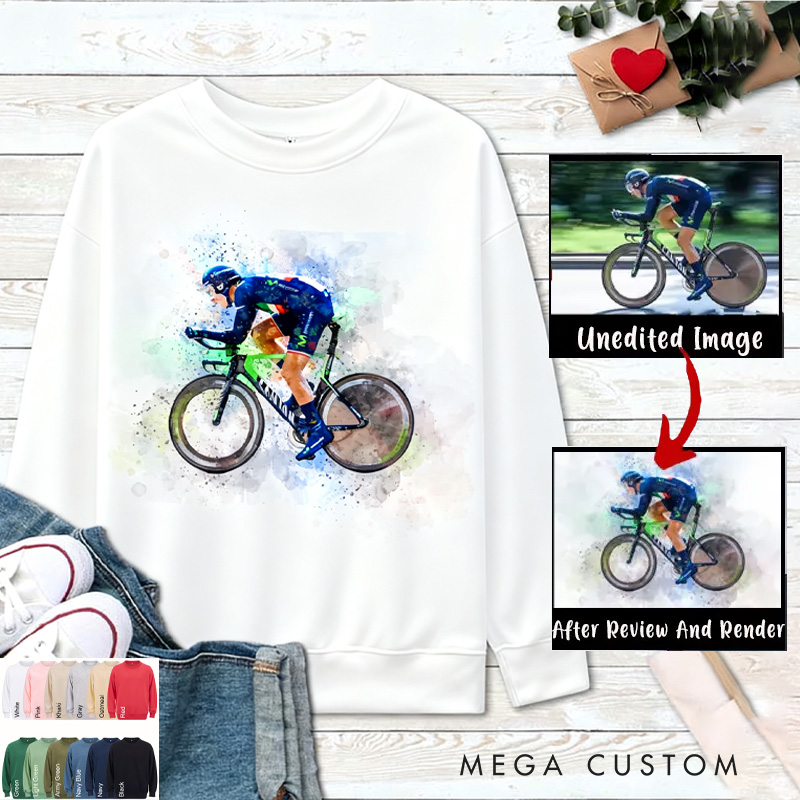 Personalized Cycling Sweatshirt Bicycle Cartoon Watercolour Cyclist Gift Idea Cycling Present