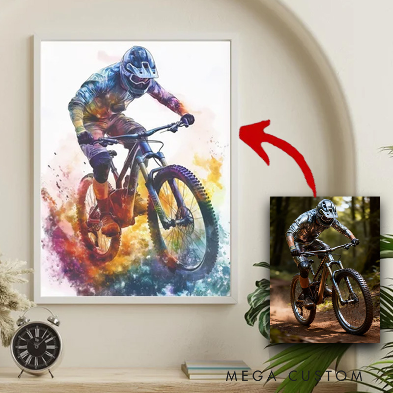 Personalized Photo Colorful Mountain Bike Wall Art Cycling Portrait Painting Cyclist Gift Idea Cycling Present