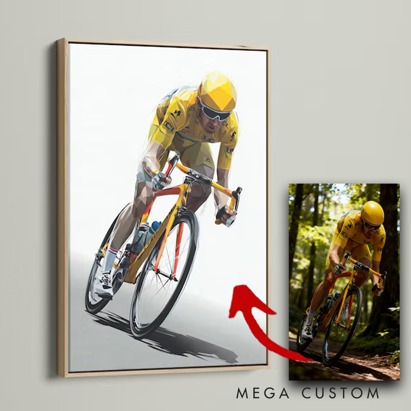 Personalized Photo Cycling Portrait Racer Wall Decor Geometric Bike Print Painting Cyclist Gift Idea Cycling Present