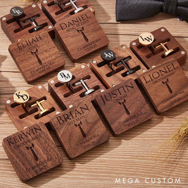 Personalized Wooden Cufflink Box Set Groomsman Proposal Cufflinks Box Set with Cuff Link Elegant Wedding Party Favors Cufflinks for Men Best Man Gift