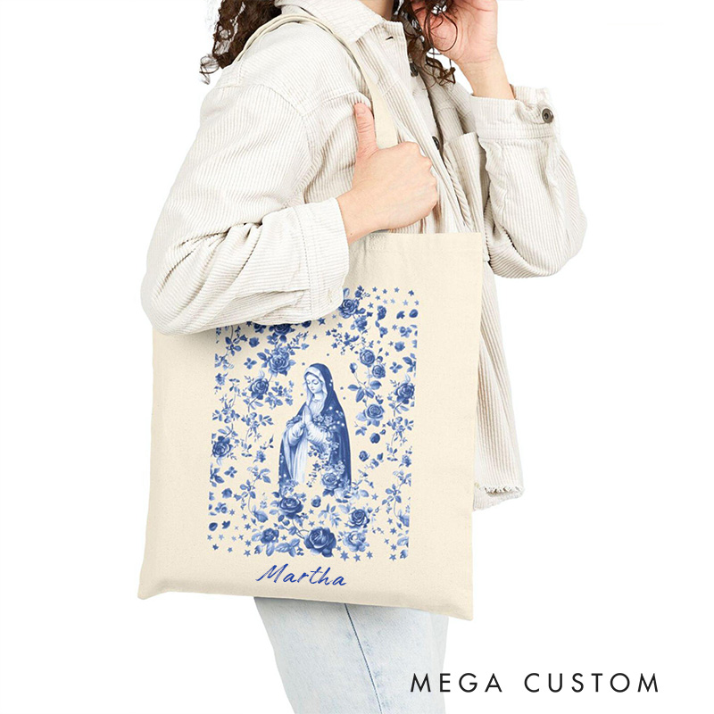 Personalized Virgin Mary Canvas Tote Bag with Name Birthday Gift Religious Gift Catholic Gift for Women