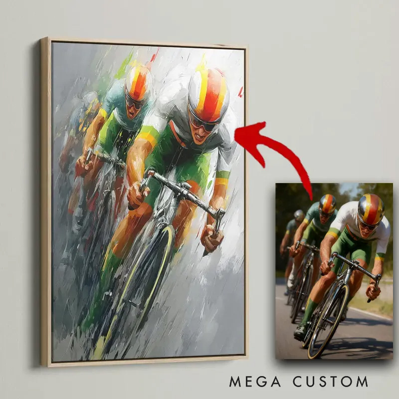 Personalized Photo Cycling Portrait Abstract Sport Wall Decor Painting Cyclist Gift Idea Cycling Present