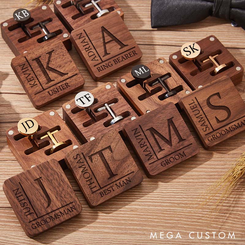 Personalized Wooden Cufflink Box Set Groomsmen Monogrammed Wedding Party Gift Cufflink Box Bachelor Party Favors Gift for Men