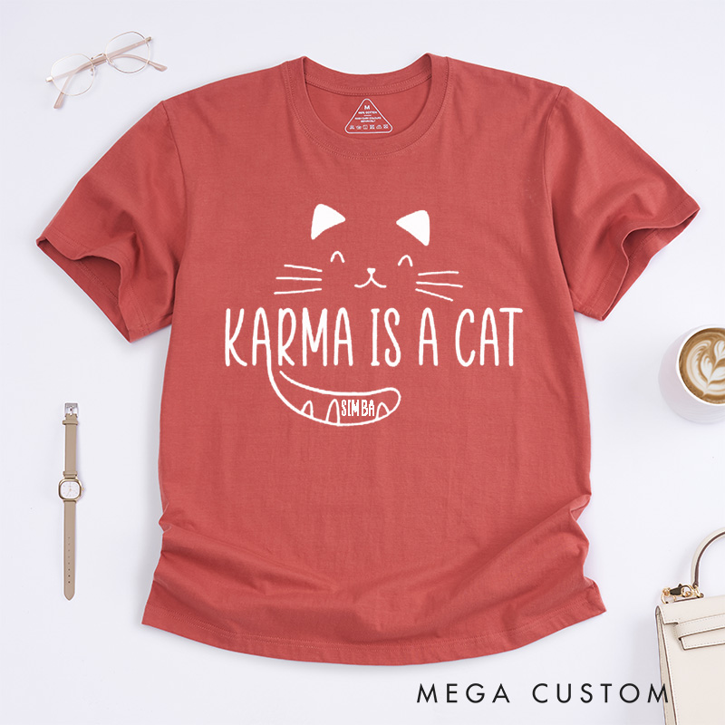 Personalized Karma Is A Cat Unisex Classic T-Shirts Custom Music Lovers Cute Cat Lovers Gift Unique Tee for Swifties Friends Family