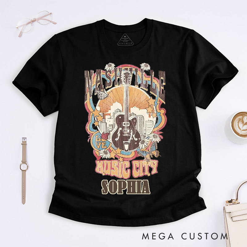 Personalized Nashville Music City Classic T-Shirts Custom Name Vintage Retro Guitar Unisex Gift for Country Music Lovers Men Women Birthday Concert