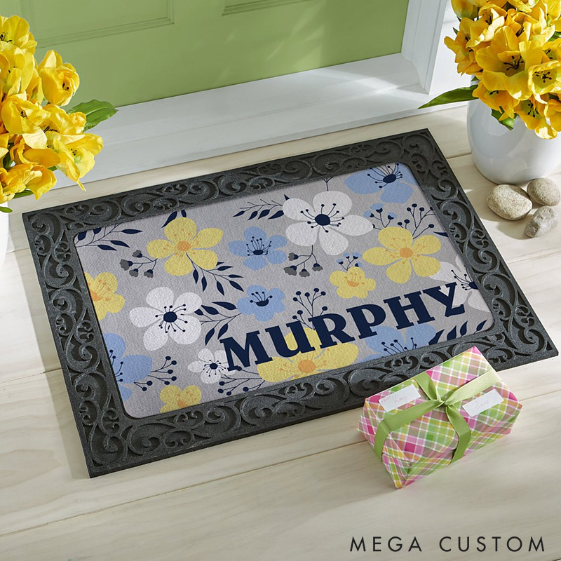 Personalized Floral Door Mat Custom Family Name Welcome Mat Indoor Outdoor Decor Housewarming Gift for New Home