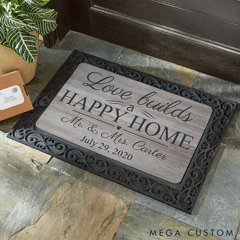 Personalized Love Builds a Happy Home Door Mat Custom Family Name Welcome Mat Indoor Outdoor Decor Housewarming Gift for New Home