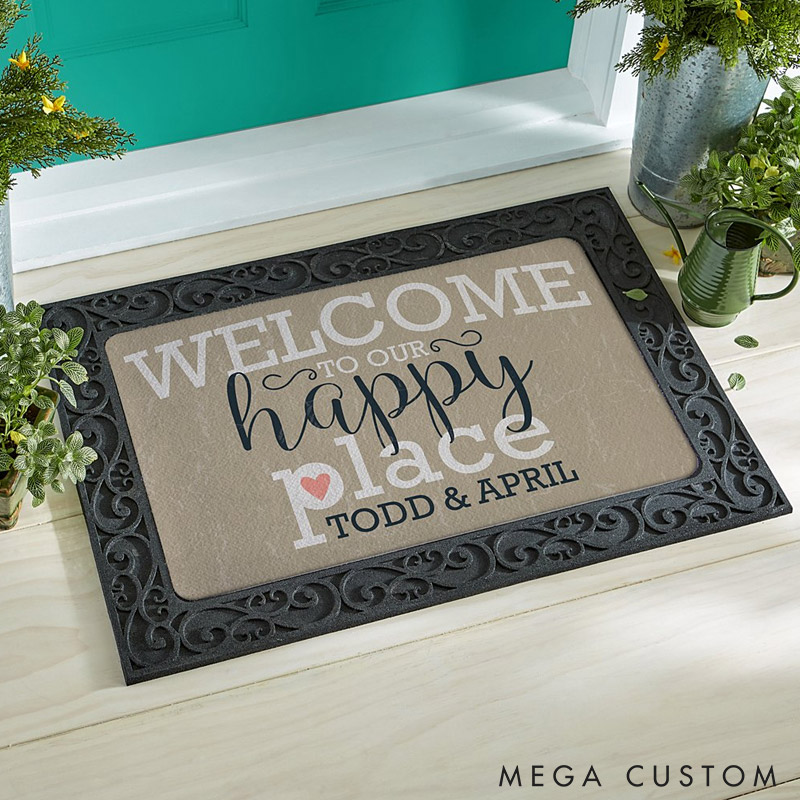 Personalized Welcome Door Mat Custom Family Name Happy Place Mat Indoor Outdoor Decor Housewarming Gift for New Home