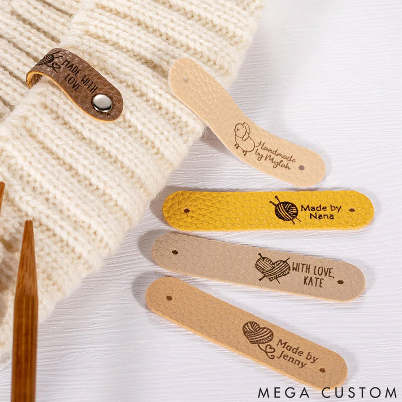 Personalized Handmade Engraved Leather Crochet Knitted Tags Text Labels with Rivets Set of 10 Knitwear Accessories Gift for DIY Knitter Sewing Lovers