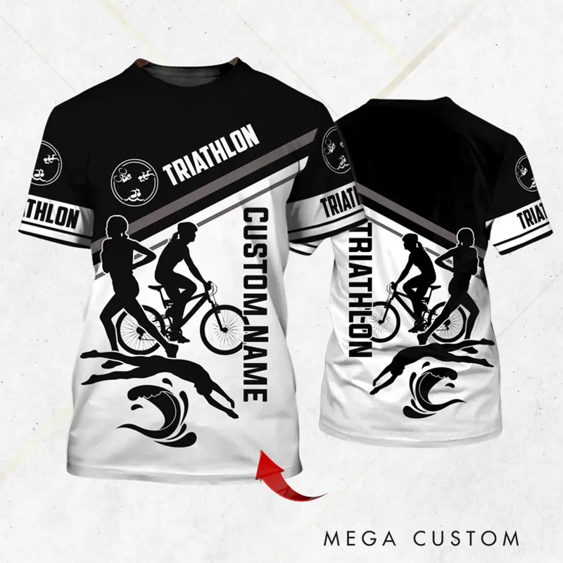 Personalized Triathlon Custom Name T-Shirt Swim Bike Run Silhouette Jersey Black White Unisex Performance Tee Race Day Training Gift Top