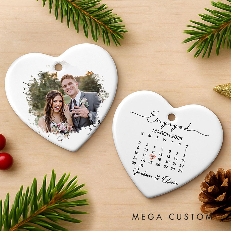 Personalized Couple Engaged Calendar Date Ceramic Ornament with Name Wedding Married Photo Ornament Our First Christmas Ornament Engagement Gift