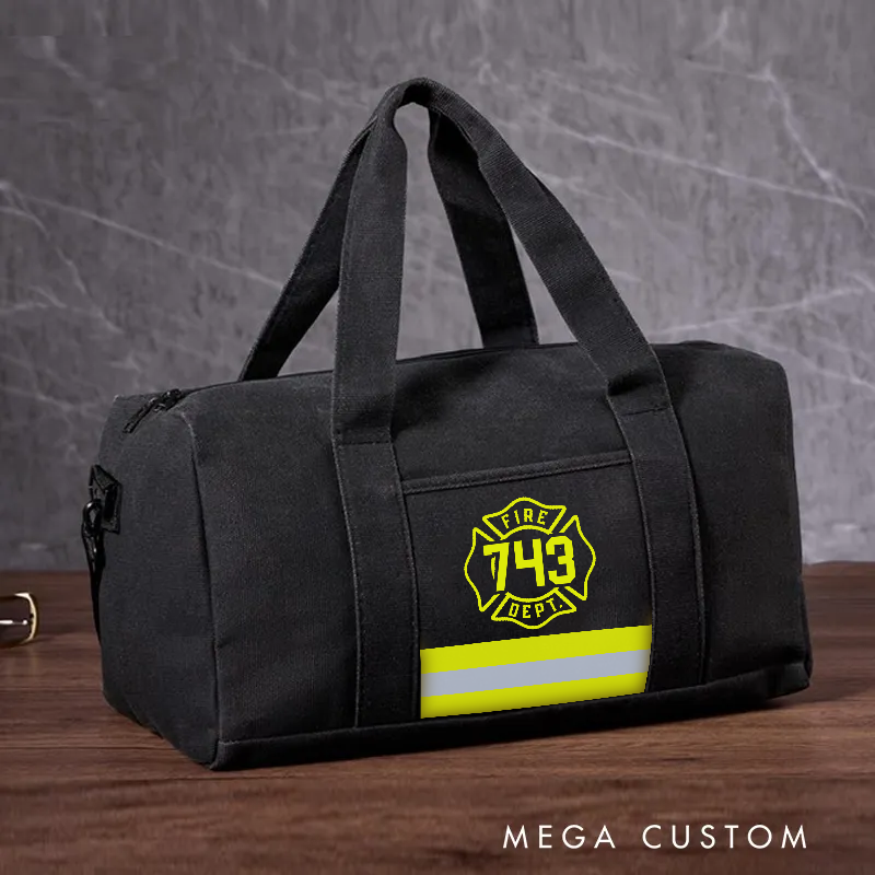 Personalized Firefighter Travel Canvas Bag with Fire Department Badge and Reflective Stripe Design Gift for Firefighters