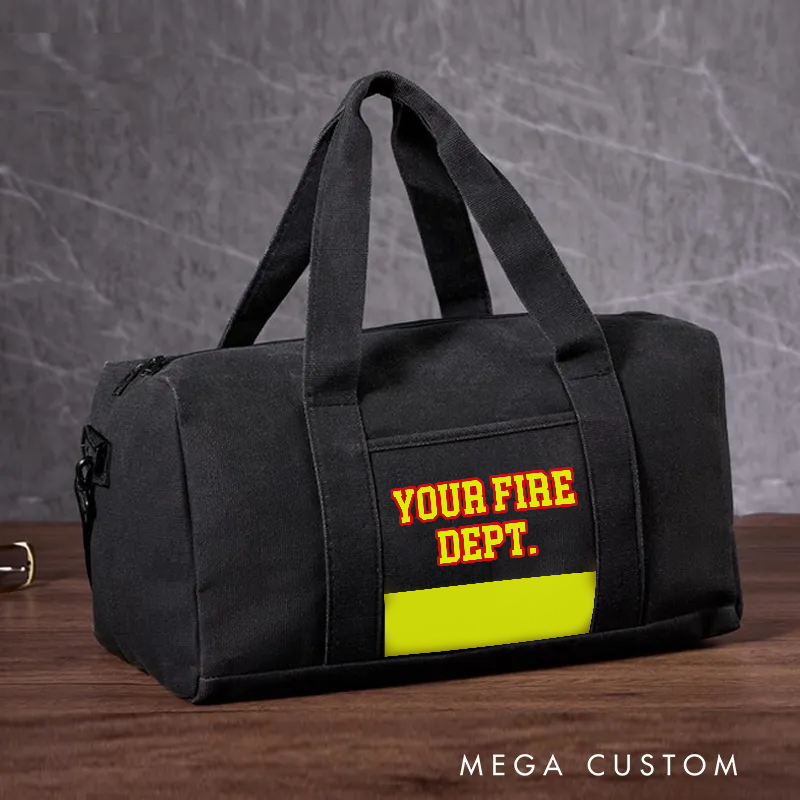 Personalized Firefighter Travel Canvas Bag with Fire Department Text and Reflective Stripe Design Gift for Firefighters