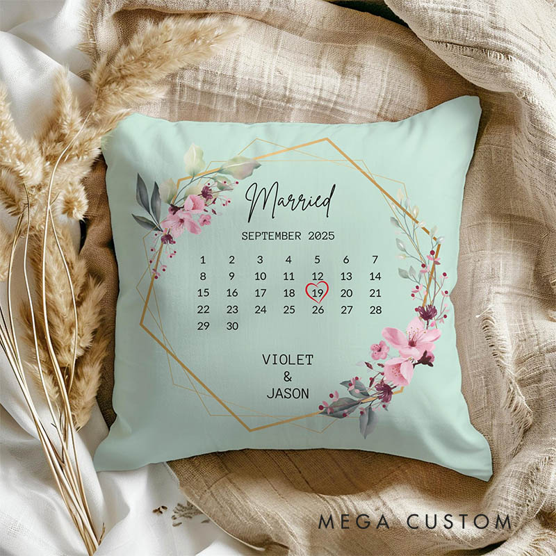 Personalized Couple Floral Married Calendar Pillow with Name Custom Newlyweds Wedding Date Pillow Engagement Pillow for Husband Wife Anniversary Gift