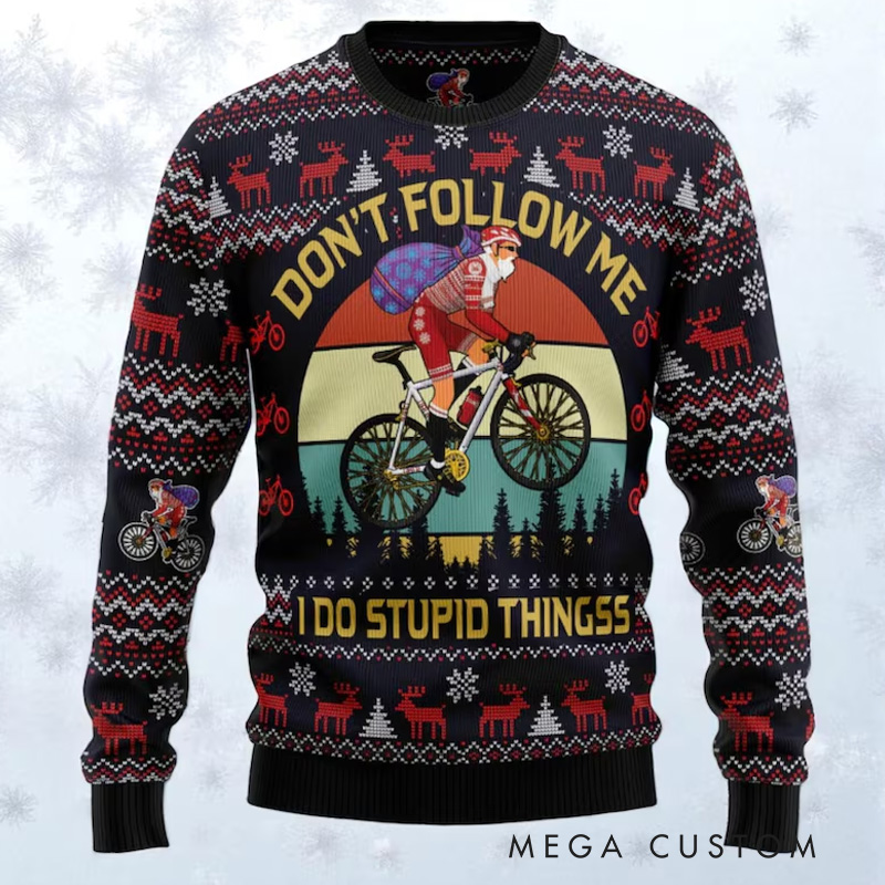 Personalized Ugly Christmas Sweater Satan Claus on Mountain Bike Santa Claus Loves Cycling Christmas Sweater as Gift