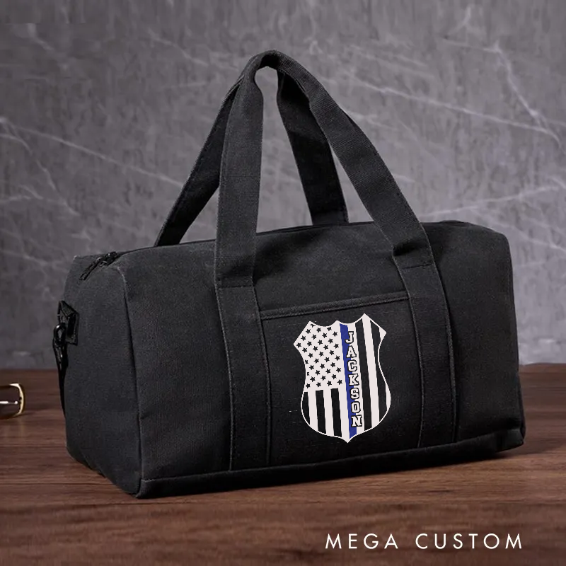 Personalized Police Travel Canvas Bag with Badge and Thin Blue Line American Flag Design Gift for Law Enforcement Officers
