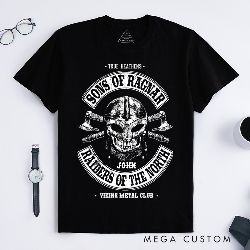 Personalized Viking Skull Classic T-Shirts Custom Name Norse Warrior Gift for Men Women Unique Raiders of the North Viking Metal Music Fans Tee