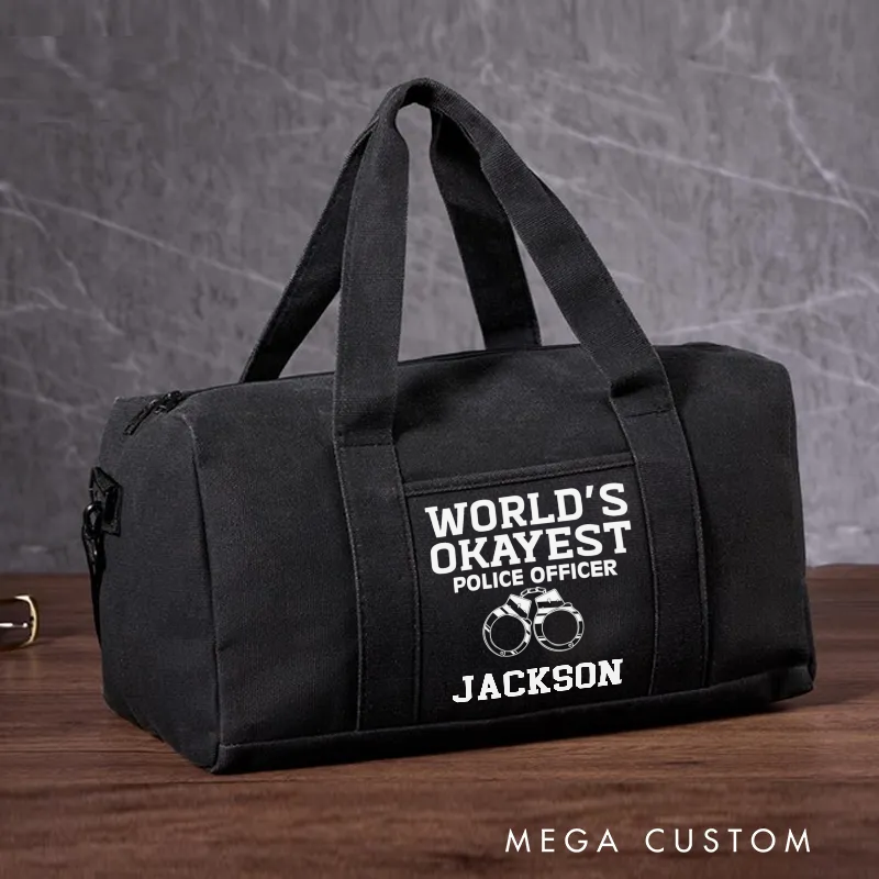 Personalized Police Travel Canvas Bag with World's Okayest Police Officer Handcuff Design Gift for Law Enforcement Officers