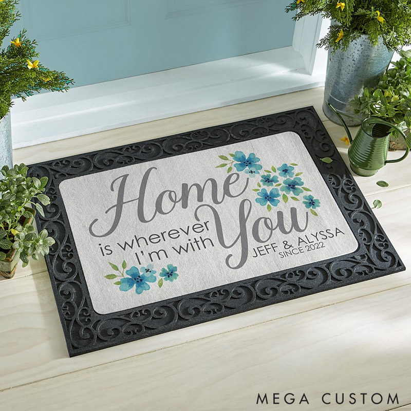 Personalized Home is wherever I'm with You Doormat Custom Housewarming Gift Floral Design Indoor Outdoor Welcome Mat Since 2022 Durable Floor Rug