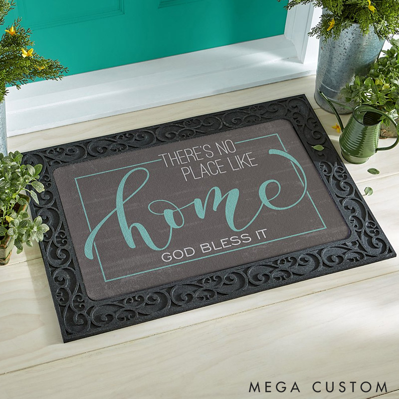 Personalized There's no Place Like Home Doormat Custom Housewarming Gift Decorative Indoor Outdoor Welcome Mat God Bless It Durable Floor Rug
