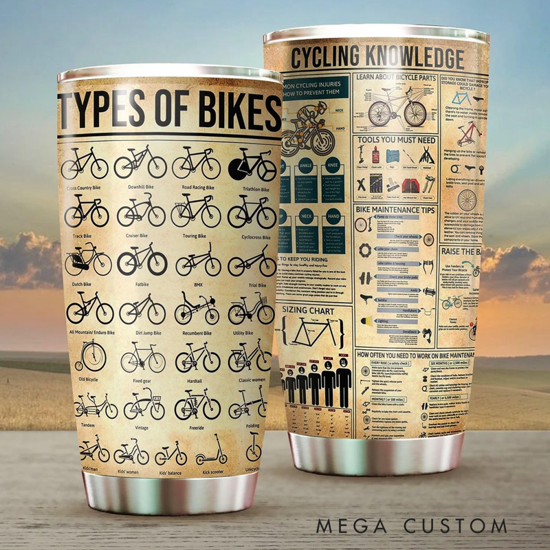 Personalized Cycling Knowledge Tumbler Gift for Cyclists Types Of Bikes Cycling Tumbler Bikers Lover Gifts Bicyclist Gift Mug Gifts for Bikers