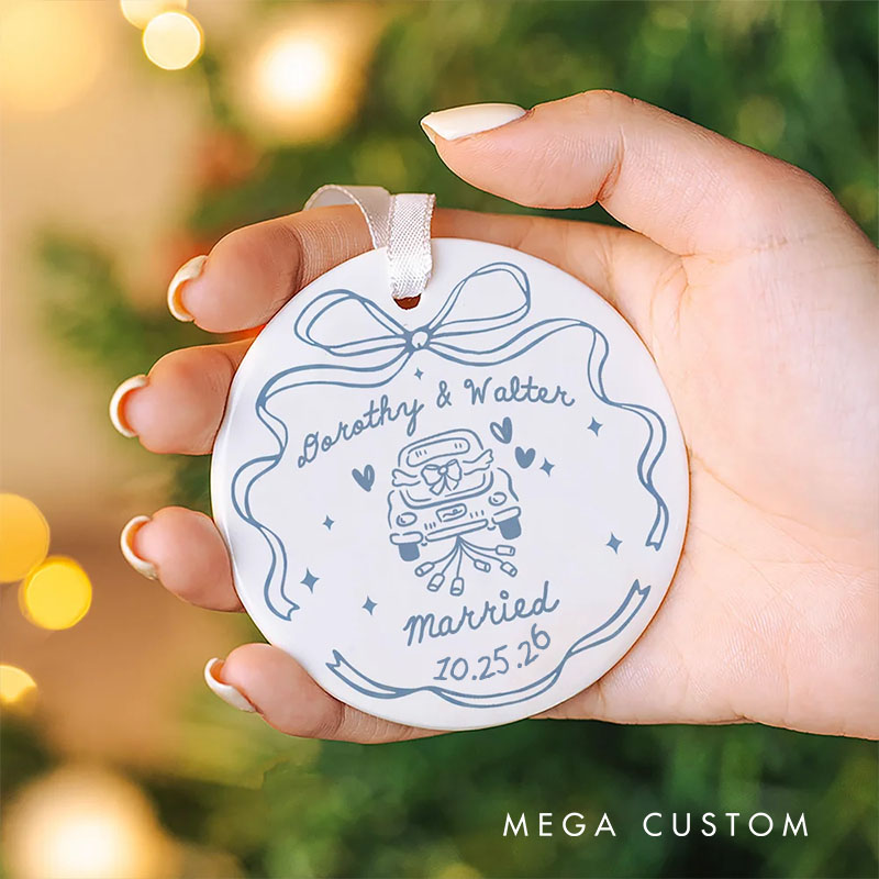 Personalized Couple Romantic Wedding Bow Ceramic Ornament Custom Newlyweds Married Ornament Our First Christmas Ornament Engagement Bridal Shower Gift