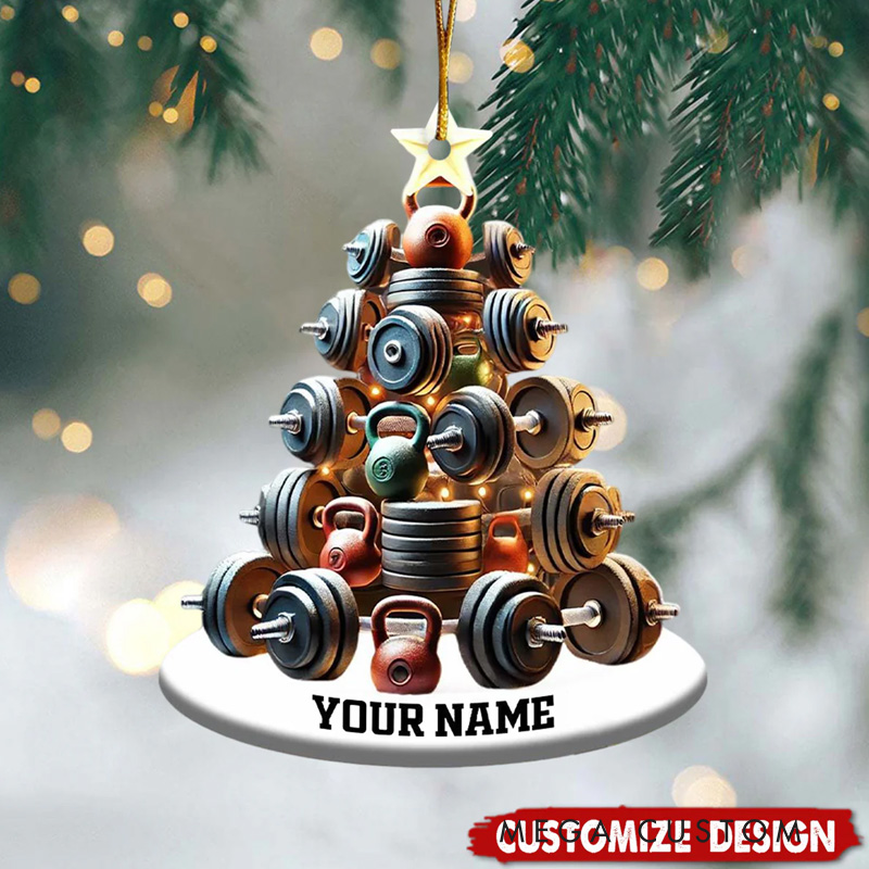 Personalized Dumbbell and Kettlebell Tree Christmas Ornament Gift for Gym Lover