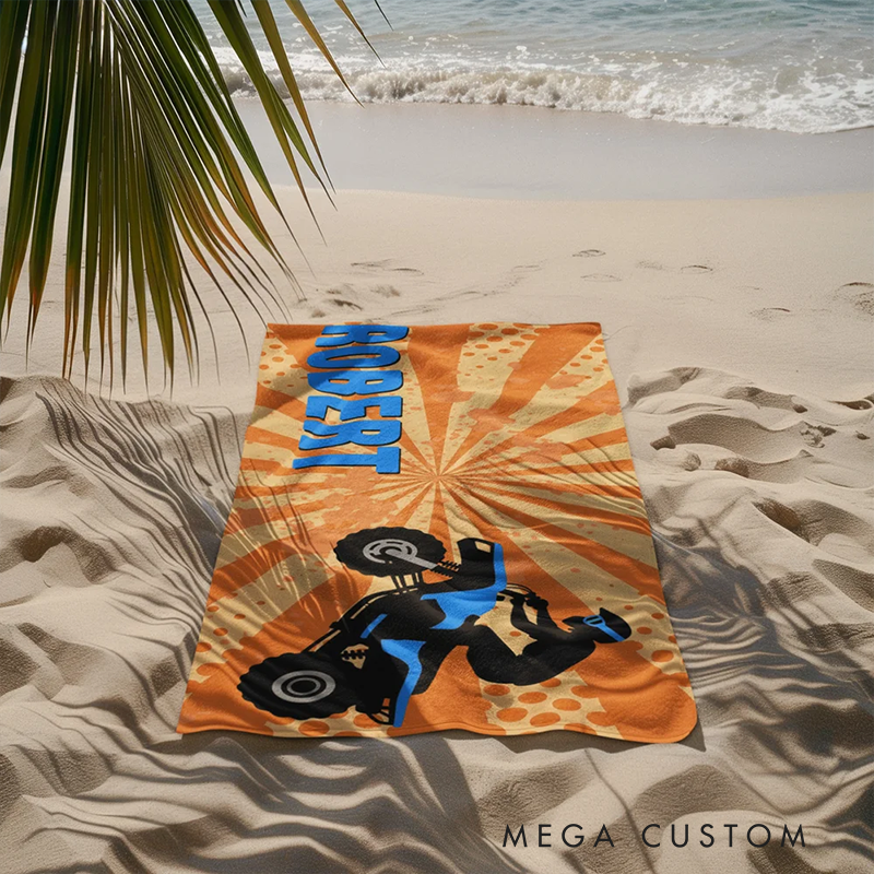 Personalized Extreme Sports Beach Towel with Name Custom Rectangular Thick Cotton Towel Gift for Motorcyclist and Racing Lovers