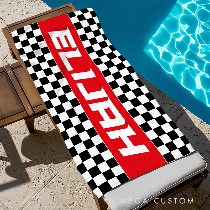 Personalized Checkered Racing Flag Beach Towel with Name Custom Oversized Towel Gift for Racers and Racing Lovers