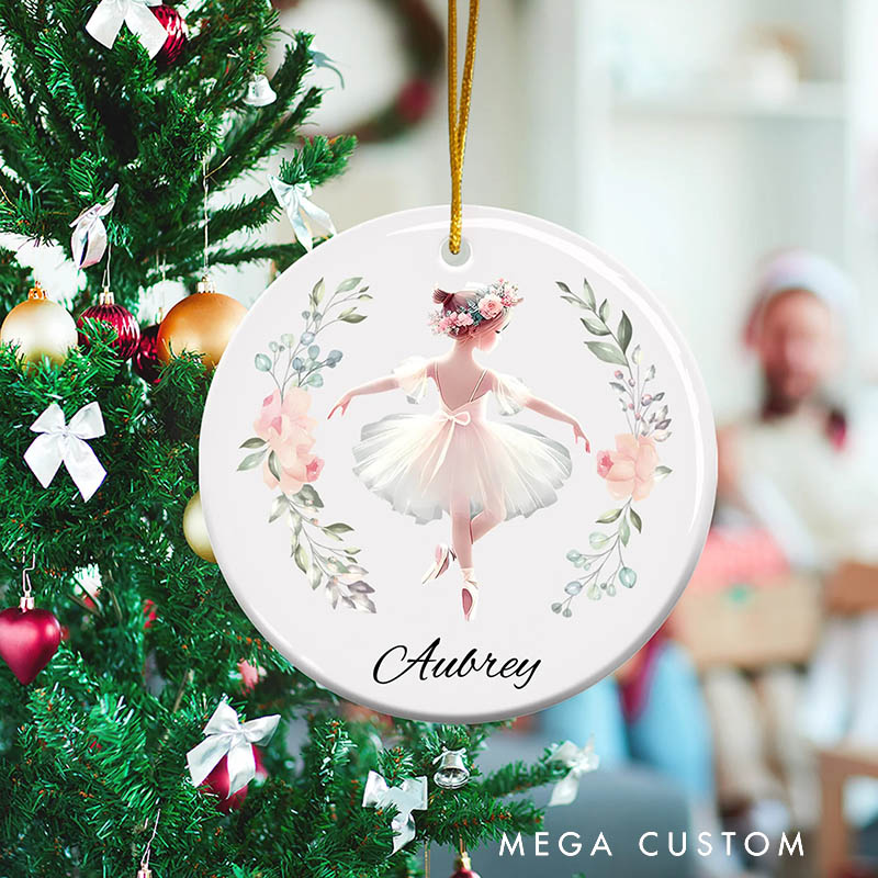 Personalized Floral Ballet Girl Ornament with Name Christmas Home Decor Birthday Gift for Ballerinas Dancers