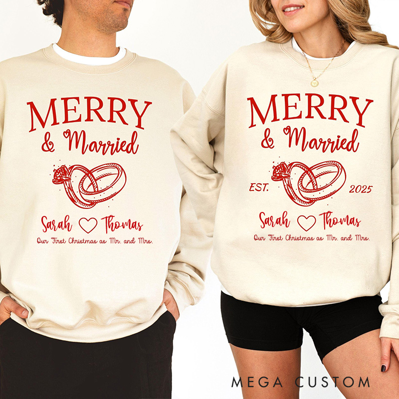 Personalized Merry and Married Sweatshirts for Newlywed Couple First Christmas Sweatshirt