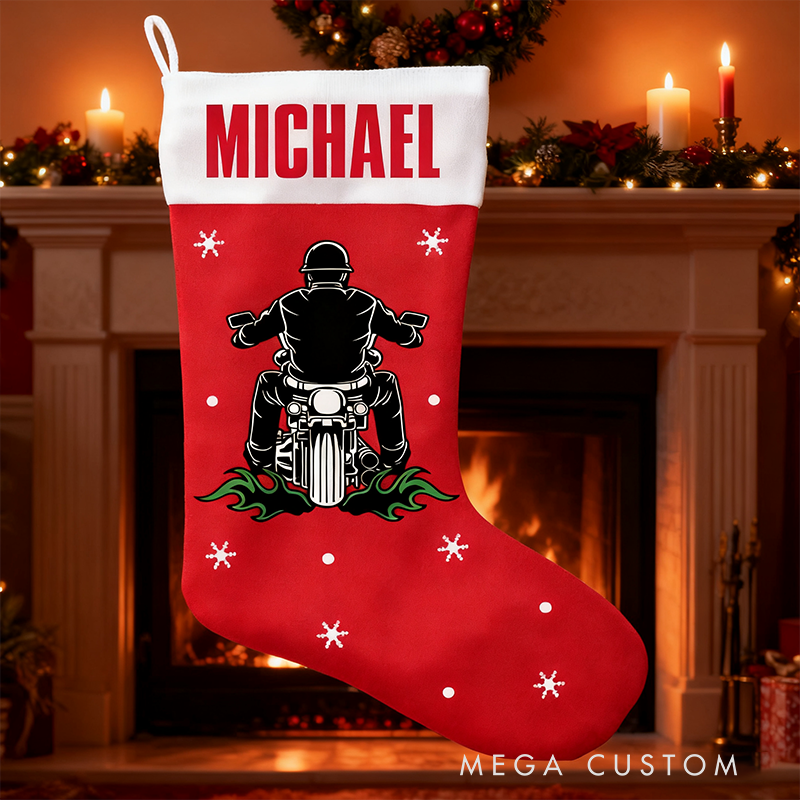 Personalized Motorcycle Christmas Stocking with Name Custom Biker Stocking Gift for Motorcyclists and Motorsport Lovers
