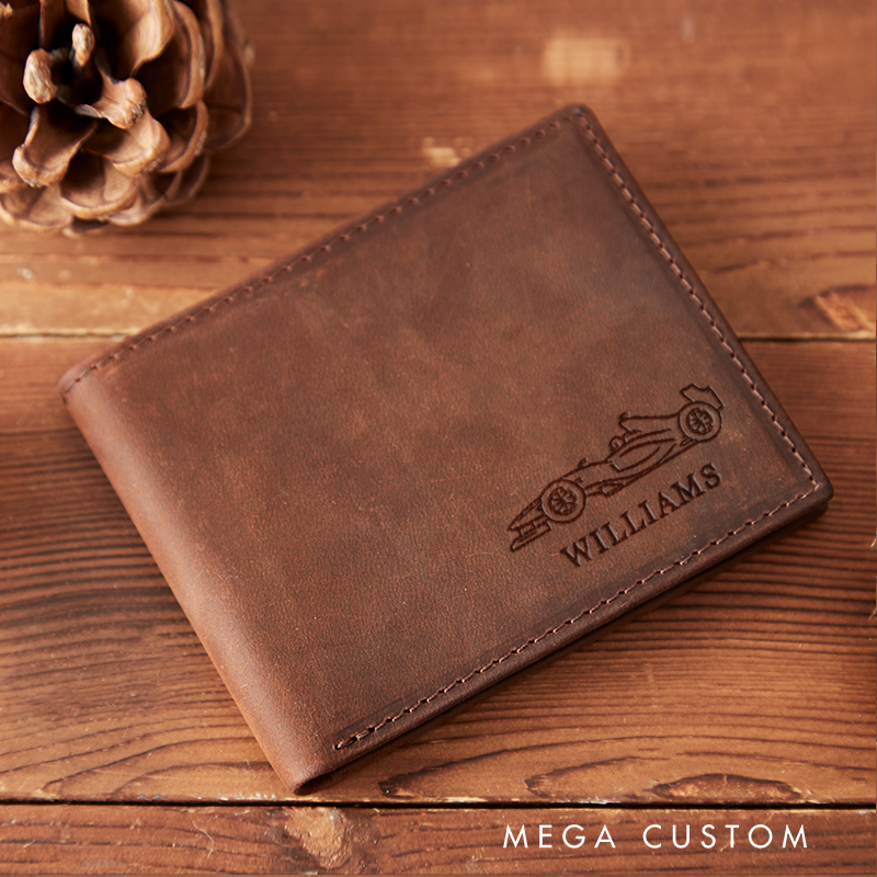 Personalized Engraved Leather Wallet with Racing Car Design Gift for Racer and Racing Lovers