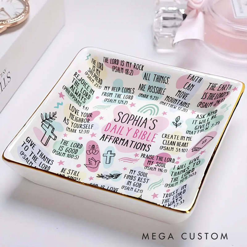 Personalized My Daily Bible Affirmations Ceramic Square Ring Dish with Name Religious Gift for Christians
