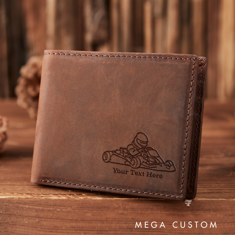 Personalized Engraved Leather Wallet with Go Kart Design Gift for Racer and Racing Lovers