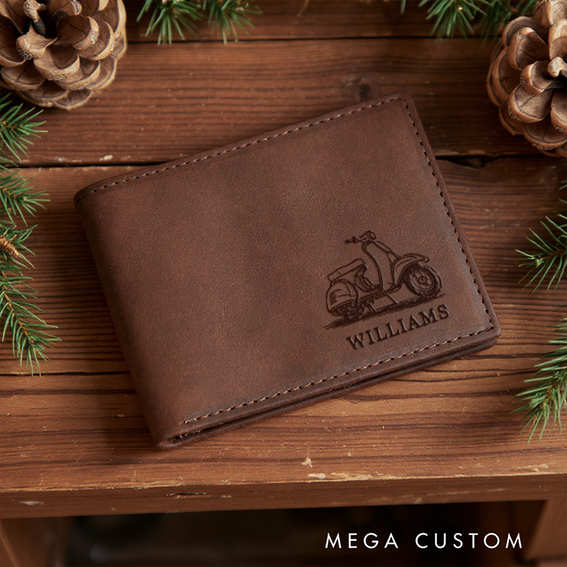 Personalized Engraved Leather Wallet with Motobike Design Gift for Motorcyclist and Motorcycle Lovers