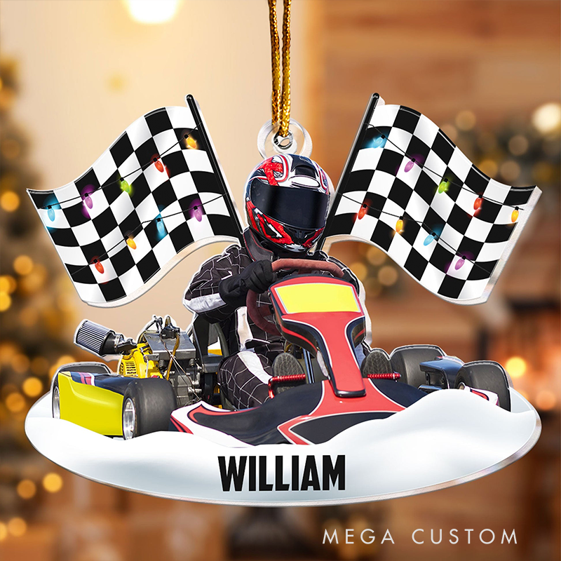Personalized Racing Christmas Ornament Custom Photo and Name Acrylic Gift for Racers and Motorsport Lovers