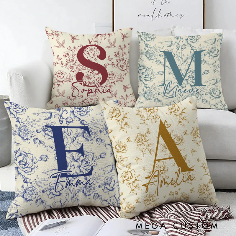 Personalized Toile De Jouy Floral Initial Soft Throw Pillow Cover with Name Home Decor Birthday Christmas Gift