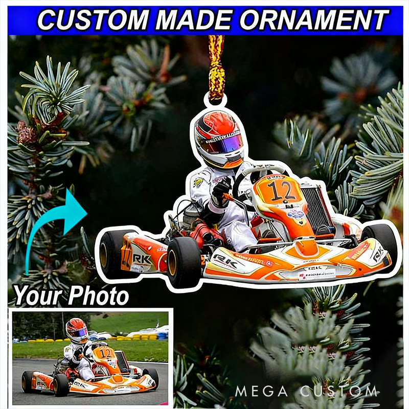 Personalized Go Kart Racing Christmas Ornament Custom Photo Acrylic Gift for Racers and Kart Lovers