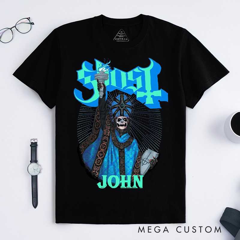 Personalized Skeleton Pope Statue Liberty Gothic Style Classic T-Shirts Custom Name Unisex Birthday Gift for Rock Lovers Men Women Friends Fans