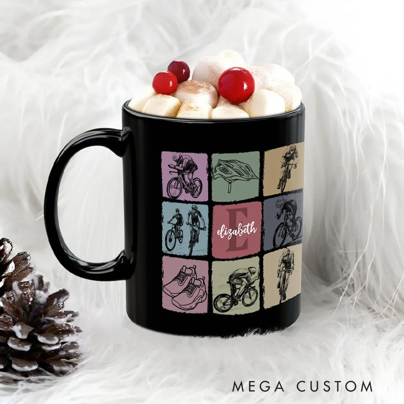 Personalized Cycling Custom Name Initial Mug Coffee Cup Gift for Cyclist Biker Drinkware Bicycle Lover Gift Sports Fitness Enthusiast Mug