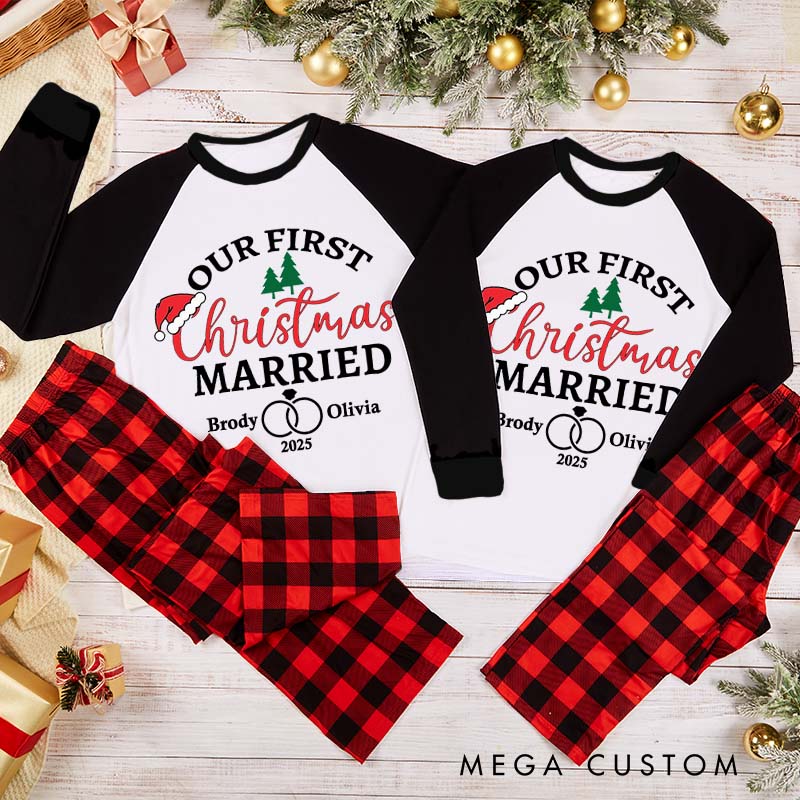 Personalized Couple Our First Christmas Married Xmas Pajamas with Name Custom Newlyweds Wedding First Christmas Matching Pjs for Husband Wife