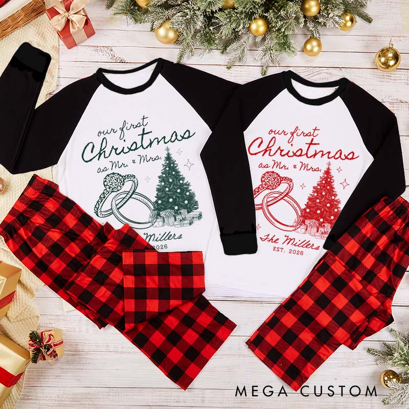 Personalized Couple Our First Christmas as Mr and Mrs Xmas Pajamas Custom Newlyweds Wedding Rings First Christmas Matching Pjs for Husband Wife