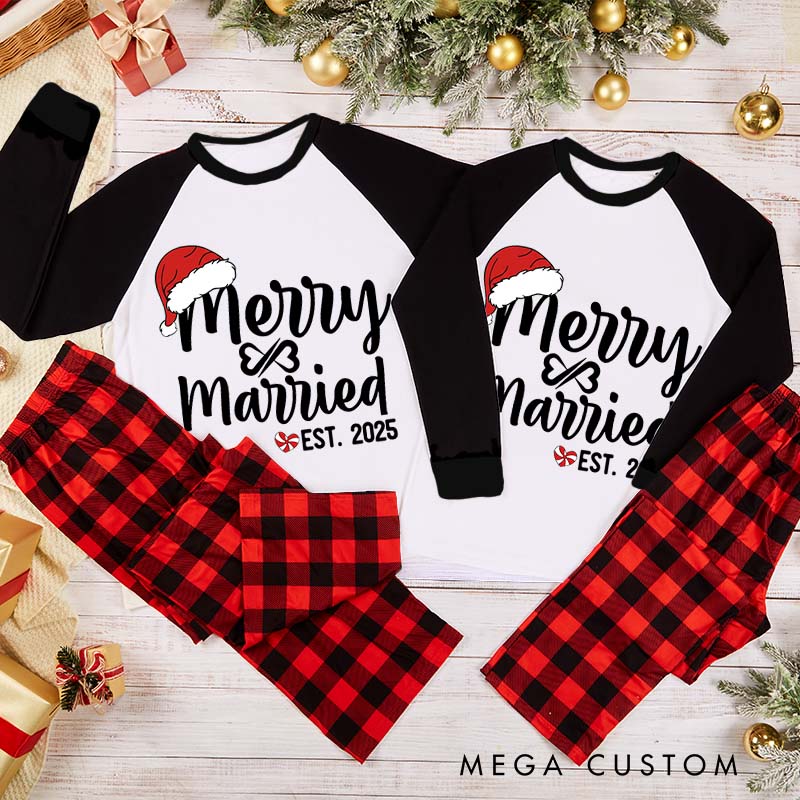 Personalized Couple Married and Merry with Santa Hat First Christmas Pajamas Custom Newlyweds Wedding First Christmas Matching Pjs for Husband Wife