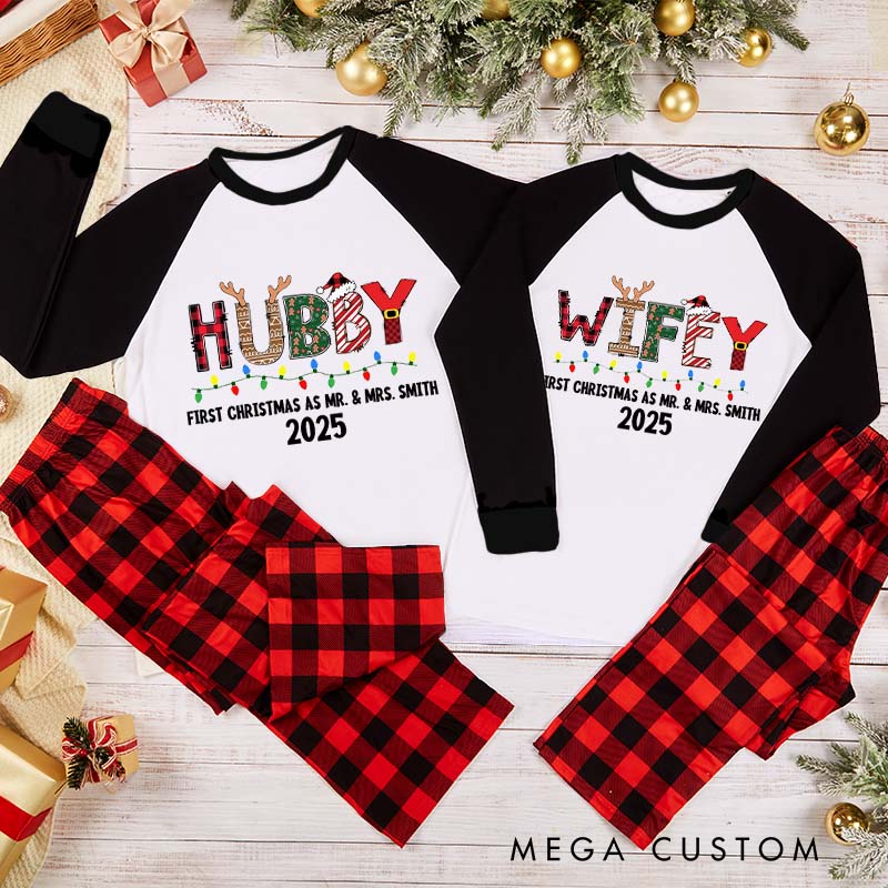 Personalized Couple Festive Hubby and Wifey First Christmas as Mr and Mrs Pajamas Custom Newlyweds Wedding Christmas Matching Pjs for Husband Wife
