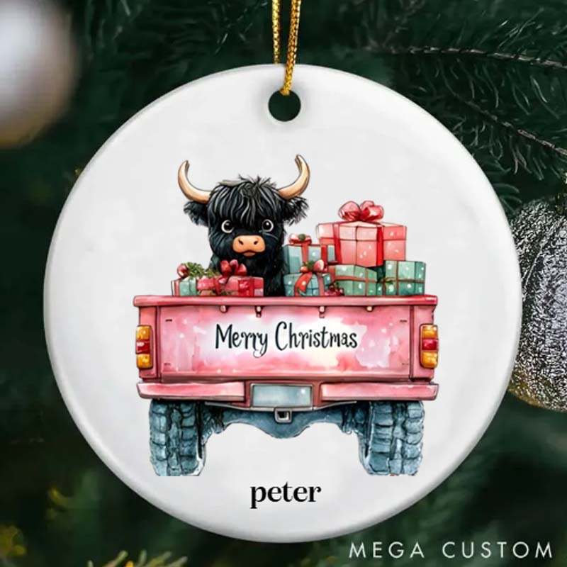 Personalized Pet Lover Pink Christmas Highland Cow Ornament