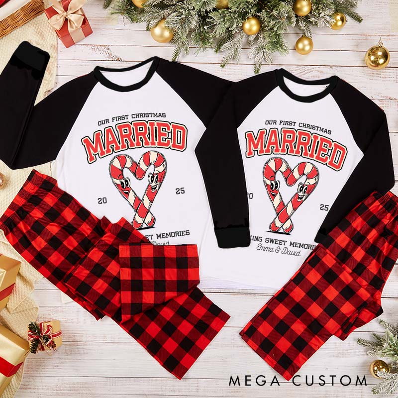 Personalized Couple Our First Christmas Making Sweet Memories Pajamas Custom Newlyweds Wedding Heart Candy Canes Xmas Matching Pjs for Husband Wife
