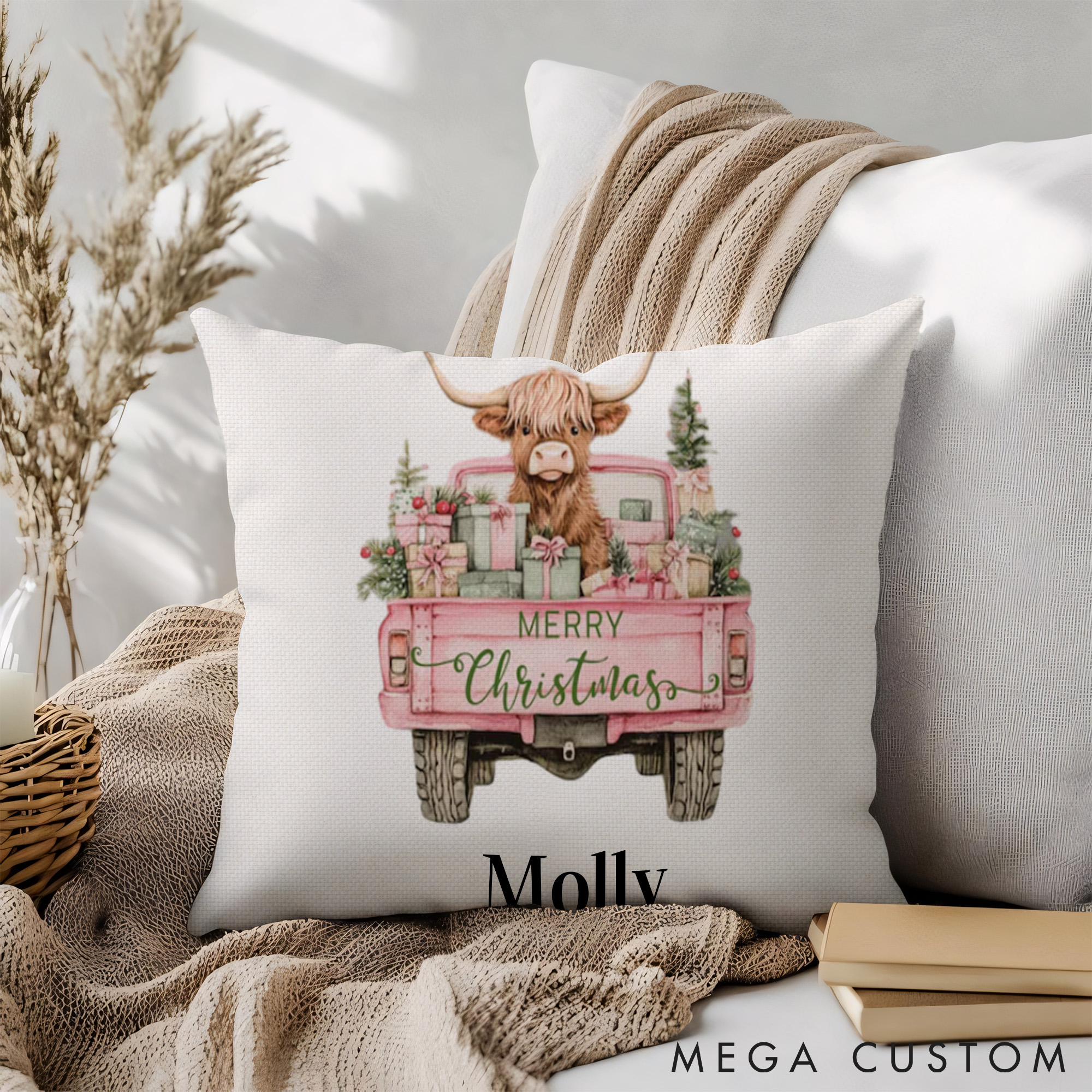 Personalized Pet Lover Pink Christmas Highland Cow Throw Pillows